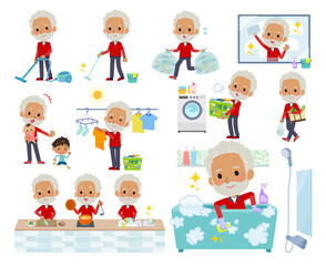 掃除や洗濯など家事に関する赤ジャージ高齢男性のセット