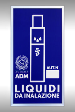 Signboard, illuminated sign of the state for the sale of products for electronic cigarettes, italy 