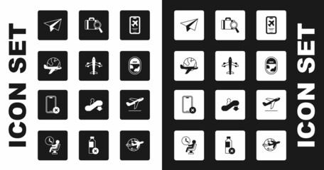 Set Mobile with ticket, Plane, Globe flying plane, Paper airplane, Airplane window, Lost baggage, takeoff and No cell phone icon. Vector