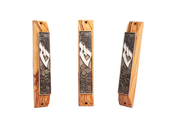 Set of a  Jewish Wooden Mezuzah contains specific Torah verses and is placed on the doorframe of homes