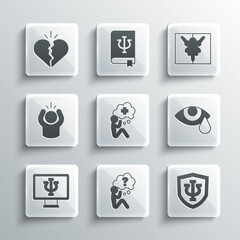 Set Head with question mark, Psychology, Psi, Tear cry eye, Helping hand, Psychologist online, Anger, Broken heart or divorce and Rorschach test icon. Vector