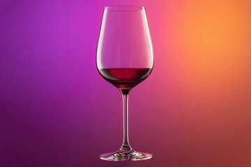 Close-up red wine glass isolated over gradient purple and orange color background in neon. Concept of alcohol, holidays, New Year