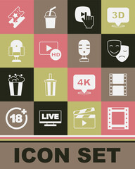 Set Play video, Comedy and tragedy masks, Online play, Hd movie, tape, frame, Director chair, Cinema ticket and Microphone icon. Vector