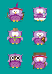 Cute Owl Mascots with Different Emotions Vector Illustration