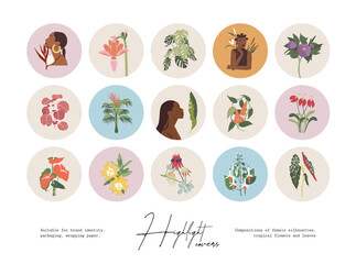 Set of hand drawn botanical and tropical flowers illustrations. Vector set design templates icons and emblems - social media story highlight.