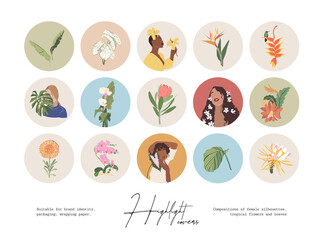 Set of hand drawn botanical and tropical flowers illustrations. Vector set design templates icons and emblems - social media story highlight.