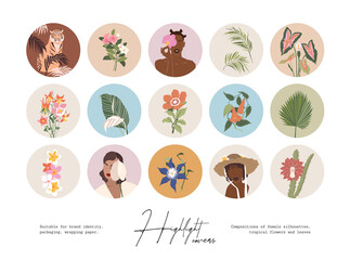 Set of hand drawn botanical and tropical flowers illustrations. Vector set design templates icons and emblems - social media story highlight.