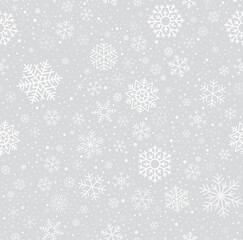 Fototapeta na wymiar Vector repeating Christmas texture composed of different snowflakes. Gray background