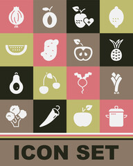 Set Cooking pot, Leek, Pineapple, Healthy fruit, Potato, Watermelon, Garlic and Apple icon. Vector