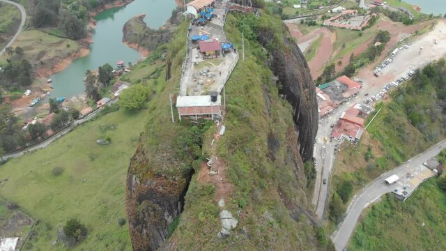 Top View Rock of Guatapé (Piedra Del Penol) in Colombia - Colombian landmark and natural wonder - aerial drone shot