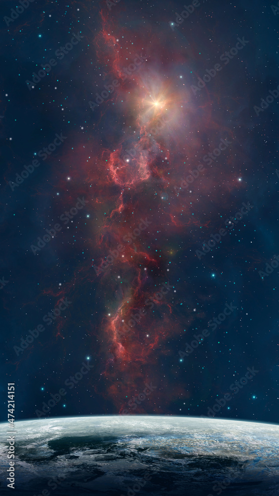Wall mural space background. colorful nebula with planet and star field. elements furnished by nasa. 3d renderi