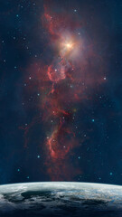 Space background. Colorful nebula with planet and star field. Elements furnished by NASA. 3D rendering