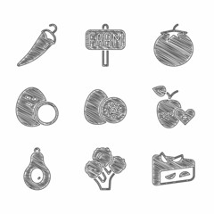 Set Kiwi fruit, Broccoli, Homemade pie, Healthy, Avocado, Coconut, Tomato and Hot chili pepper icon. Vector