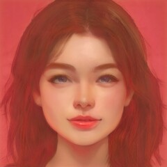 Illustration of a redhead girl in salmon pink. Digital art.