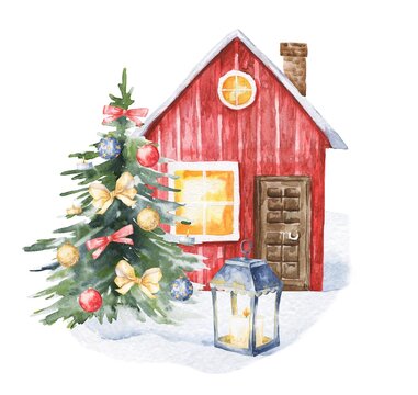 Watercolor Christmas tree and house composition. Watercolour greeting card design.