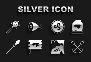 Set Viking flag, Magic rune, Medieval arrows, Folded map, spear, Shield viking, Mace with spikes and Chicken leg icon. Vector