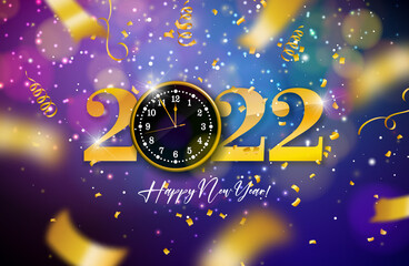 Happy New Year 2022 Illustration with Gold Number, Clock and Falling Confetti on Colorful Blurry Background. Vector Christmas Holiday Season Design for Flyer, Greeting Card, Banner, Celebration Poster