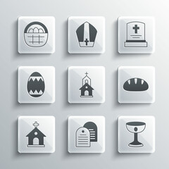 Set Holy bible book, Christian chalice, bread, Church building, Easter egg, Basket with easter eggs and Grave tombstone icon. Vector