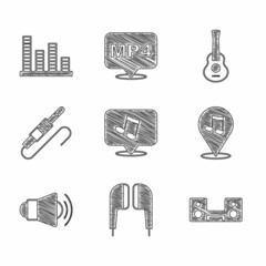 Set Music note, tone, Air headphones, Home stereo with two speakers, Location musical, Megaphone, Audio jack, Guitar and equalizer icon. Vector