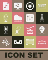Set Tambourine, Location musical note, Guitar, Sound mixer controller, Grand piano, Microphone, MP3 file document and icon. Vector