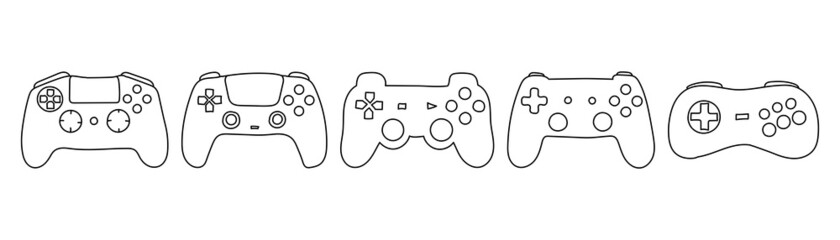 Set of hand drawn vector gamepads in doodle style on white background.