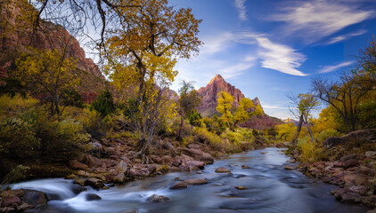 Zion national park with river and blue sky