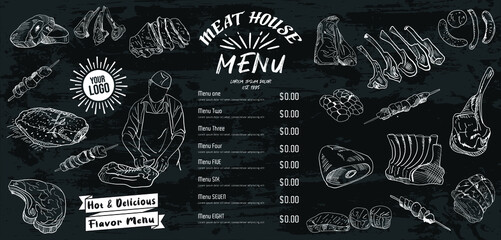 Vintage Butcher shop hand - drawn. Retro Menu Restaurant poster. Vector. Fresh meat products. Design element for poster, menu, flyer, banner, package.