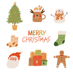 Cozy set of Christmas and New Year elements. Santa Claus, gingerbread cookie, gifts, snowman, tree, cacao cup. Vector cartoon flat illustration.