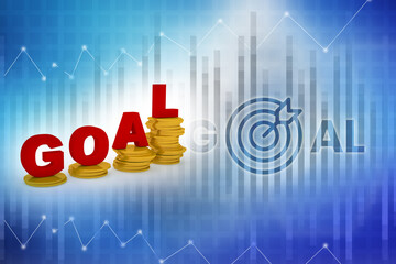 3d illustration gold coins with goal text business concept
