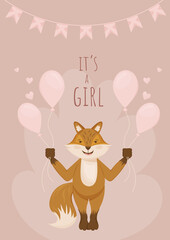 Postcard newborn, it's a girl, a fox with pink balloons. Vector image, congratulations on the birth of a child on a festive background.