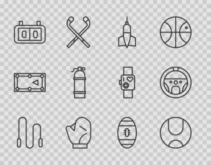 Set line Jump rope, Tennis ball, Dart arrow, Baseball glove, Sport mechanical scoreboard, Aqualung, American Football and Steering wheel icon. Vector