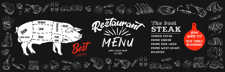Vintage Butcher shop hand - drawn. Retro Menu Restaurant poster. Vector. Fresh meat products. Design element for poster, menu, flyer, banner, package.