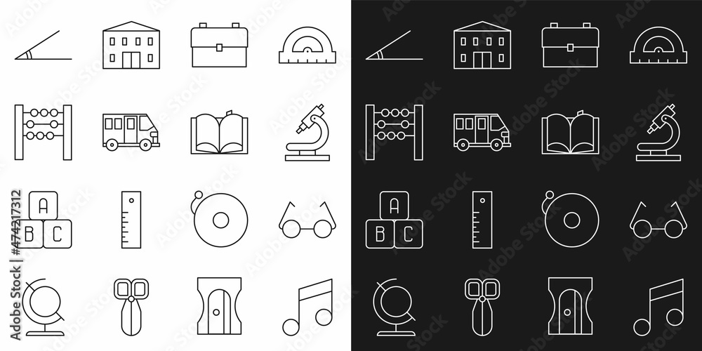 Wall mural set line music note, tone, glasses, microscope, school backpack, bus, abacus, acute angle and open b