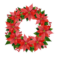 Watercolor illustration. A wreath of red poinsettia. Decoration for Christmas.