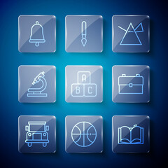 Set line School Bus, Basketball ball, Open book, Light rays in prism, ABC blocks, Microscope, Ringing bell and backpack icon. Vector