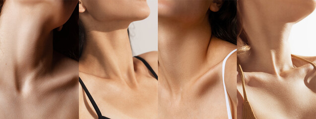 Collage of four young women, close-up image of beautiful collarbones isolated over white background