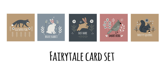 Set of hand drawn vector cards with wild animals in Scandinavian style with folk elements and text lettering © Daria