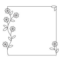 empty flower frame for publication, black outline, white background, branch with flowers and leaves, spring theme, romantic mood, flat vector illustration