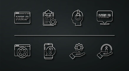 Set line Browser help, setting, Speech bubble with text Help, Settings the hand, Mobile phone question, Checklist 24 hours service, Information and Support operator touch icon. Vector