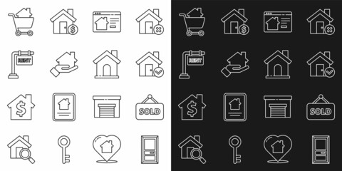 Set line Closed door, Hanging sign with text Sold, House check mark, Online real estate house, Realtor, Rent, Shopping cart and icon. Vector