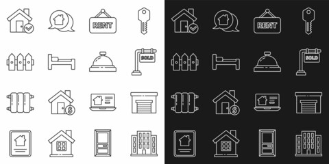 Set line House, Garage, Hanging sign with Sold, Rent, Bed, Garden fence wooden, check mark and Hotel service bell icon. Vector