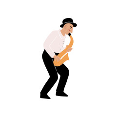 Hand drawn musician in black hat  emotionally playing on saxophone, cartoon doodle style isolated vector illustration