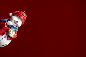 Happy snowman looking out the corner. Blank banner. Christmas greeting card, festive poster, invitation template. Winter holiday background with copy space