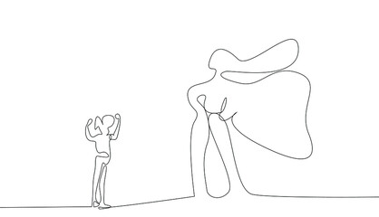 strong woman shows arms and shadow of cloaked hero is reflected. woman power concept.