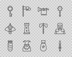 Set line Quiver with arrows, Medieval sword, Trumpet flag, Joker head, Old key, Castle tower, money bag and knight icon. Vector