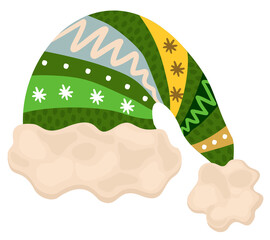 Hat of Santa Claus. Christmas concept. Warm clothes. Green color. With stripes, decorated with snowflakes and dots.