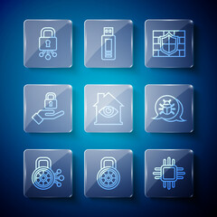 Set line Cyber security, Safe combination lock, Processor with microcircuits CPU, Shield brick wall, House eye scan, Lock hand, and System bug icon. Vector