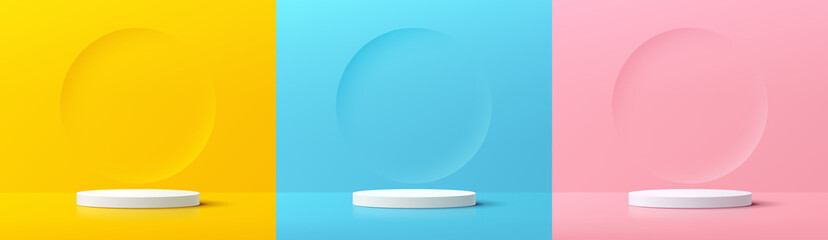 Set of yellow, blue, pink and white realistic cylinder pedestal podium with emboss circle backdrop in pastel color. Abstract vector rendering 3d shape. Product display presentation. Minimal scene.
