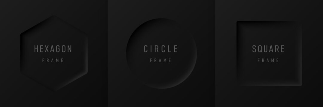 Set of realistic 3d geometric hexagon, circle and square frame on black background. Collection of Minimal frames background with copy space. Top view for product display. Light, Shadow. Vector EPS10