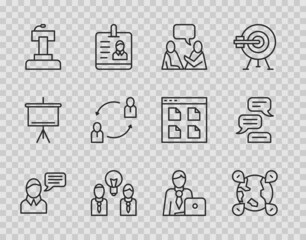 Set line Speech bubble chat, Location on the globe, Two sitting men talking, People with lamp bulb, Stage stand or tribune, Human resources, Businessman and icon. Vector